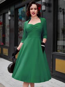 MUXXN Sweetheart Neck Ruched Bust A-line Dress - Green - View 5