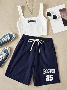 SHEIN EZwear 字母圖案背心上衣和腰部抽繩短褲 - 藍白色 - 查看 1