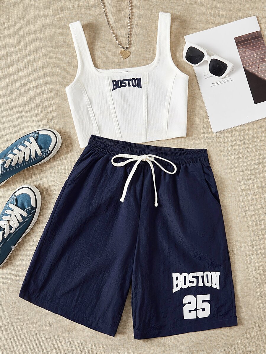 SHEIN EZwear 字母圖案背心上衣和腰部抽繩短褲 - 藍白色 - 查看 1