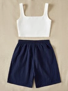 SHEIN EZwear 字母圖案背心上衣和腰部抽繩短褲 - 藍白色 - 查看 2