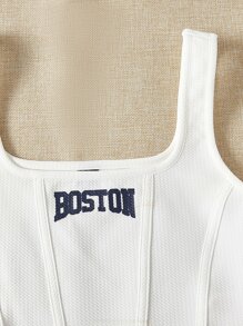 SHEIN EZwear 字母圖案背心上衣和腰部抽繩短褲 - 藍白色 - 查看 5