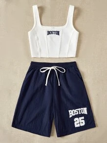 SHEIN EZwear 字母圖案背心上衣和腰部抽繩短褲 - 藍白色 - 查看 6