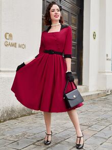 MUXXN Đầm Dây kéo Nút phía trước Thắt lưng Tương phản ren Khối Màu Thanh lịch - Màu Đỏ Sâu - Xem 6