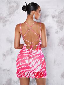 SHEIN BAE Tie Dye Lace Up Backless Ruffle Hem Cami Dress - Pink - View 1