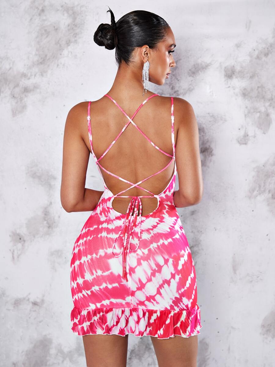 SHEIN BAE Tie Dye Lace Up Backless Ruffle Hem Cami Dress - Pink - View 1