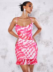 SHEIN BAE Tie Dye Lace Up Backless Ruffle Hem Cami Dress - Pink - View 2