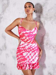 SHEIN BAE Tie Dye Lace Up Backless Ruffle Hem Cami Dress - Pink - View 5