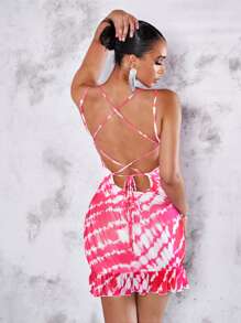 SHEIN BAE Tie Dye Lace Up Backless Ruffle Hem Cami Dress - Pink - View 6