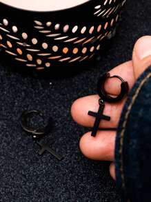 Fashionable and Popular Men Cross Drop Earrings Stainless Steel for Jewelry Gift and for a Stylish Look - Black - View 2