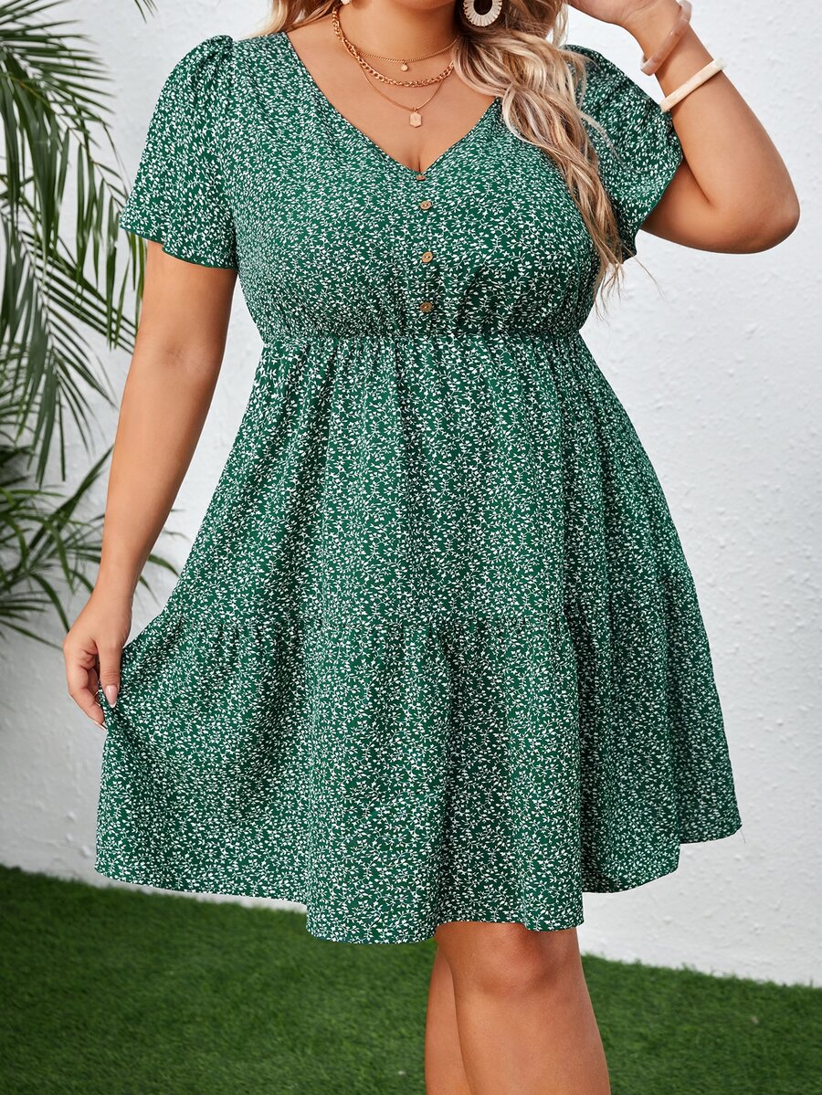 SHEIN VCAY Plus Ditsy Floral Print Butterfly Sleeve Ruffle Hem Dress - Multicolor - View 1