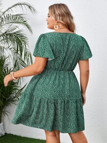 SHEIN VCAY Plus Ditsy Floral Print Butterfly Sleeve Ruffle Hem Dress - Multicolor - View 2