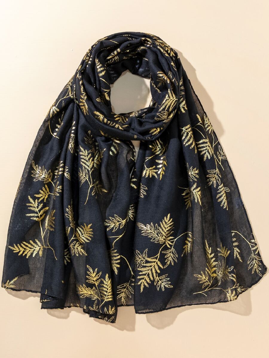 Leaf Print Scarf - Black - View 1