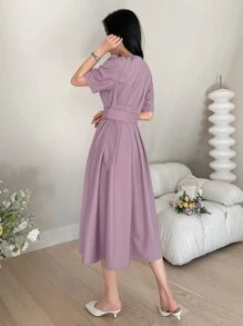 DAZY Đầm Thắt lưng màu trơn Giải trí - Bụi hồng - Xem 2