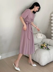 DAZY Đầm Thắt lưng màu trơn Giải trí - Bụi hồng - Xem 4