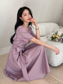 DAZY Đầm Thắt lưng màu trơn Giải trí - Bụi hồng - Xem 5