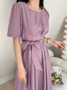 DAZY Đầm Thắt lưng màu trơn Giải trí - Bụi hồng - Xem 6