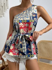 SHEIN VCAY 撞色拼接圖案單肩腰帶海灘襯衫 - 藏蓝色 - 查看 4