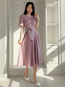 DAZY Đầm Thắt lưng màu trơn Giải trí - Bụi hồng - Xem 8