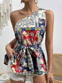 SHEIN VCAY 撞色拼接圖案單肩腰帶海灘襯衫 - 藏蓝色 - 查看 6