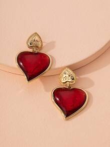 Pendientes largos con corazón - Rojo - Ver 1