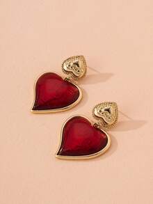 Pendientes largos con corazón - Rojo - Ver 2