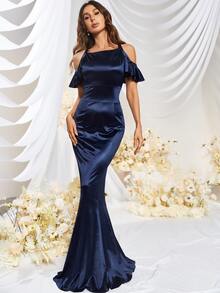 MUXXN Vestido de vestir de hombros descubiertos de espalda abierta bajo sirena de satén - Azul Marino - Ver 3