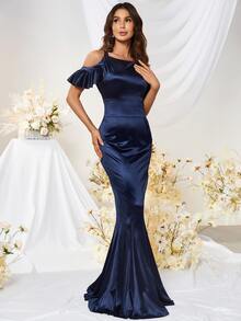 MUXXN Vestido de vestir de hombros descubiertos de espalda abierta bajo sirena de satén - Azul Marino - Ver 5