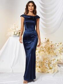 MUXXN Đầm Lộ Lưng Dây kéo màu trơn Buổi tiệc - Màu xanh hải quân - Xem 1