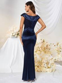 MUXXN Đầm Lộ Lưng Dây kéo màu trơn Buổi tiệc - Màu xanh hải quân - Xem 2