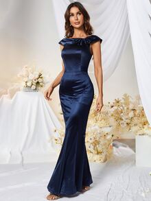 MUXXN Đầm Lộ Lưng Dây kéo màu trơn Buổi tiệc - Màu xanh hải quân - Xem 3