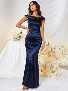 MUXXN Đầm Lộ Lưng Dây kéo màu trơn Buổi tiệc - Màu xanh hải quân - Xem 6