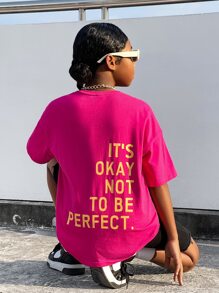 SHEIN Leap Crew 女孩標語圖案落肩T恤 - 玫紅色 - 查看 2