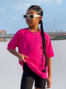 SHEIN Leap Crew 女孩標語圖案落肩T恤 - 玫紅色 - 查看 6