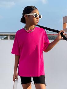 SHEIN Leap Crew 女孩標語圖案落肩T恤 - 玫紅色 - 查看 3