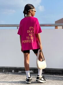 SHEIN Leap Crew 女孩標語圖案落肩T恤 - 玫紅色 - 查看 4