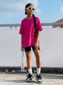 SHEIN Leap Crew 女孩標語圖案落肩T恤 - 玫紅色 - 查看 5