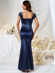 MUXXN Cold Shoulder Ruched Satin Formal Dress - Navy Blue - View 2