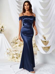 MUXXN Cold Shoulder Ruched Satin Formal Dress - Navy Blue - View 3