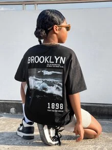 SHEIN Tween Girl Slogan Graphic Drop Shoulder Tee - Black - View 1