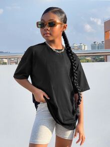 SHEIN Tween Girl Slogan Graphic Drop Shoulder Tee - Black - View 2