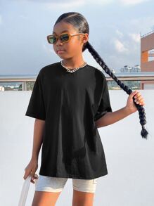 SHEIN Tween Girl Slogan Graphic Drop Shoulder Tee - Black - View 3