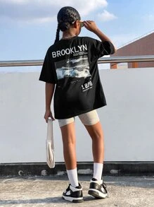 SHEIN Tween Girl Slogan Graphic Drop Shoulder Tee - Black - View 4