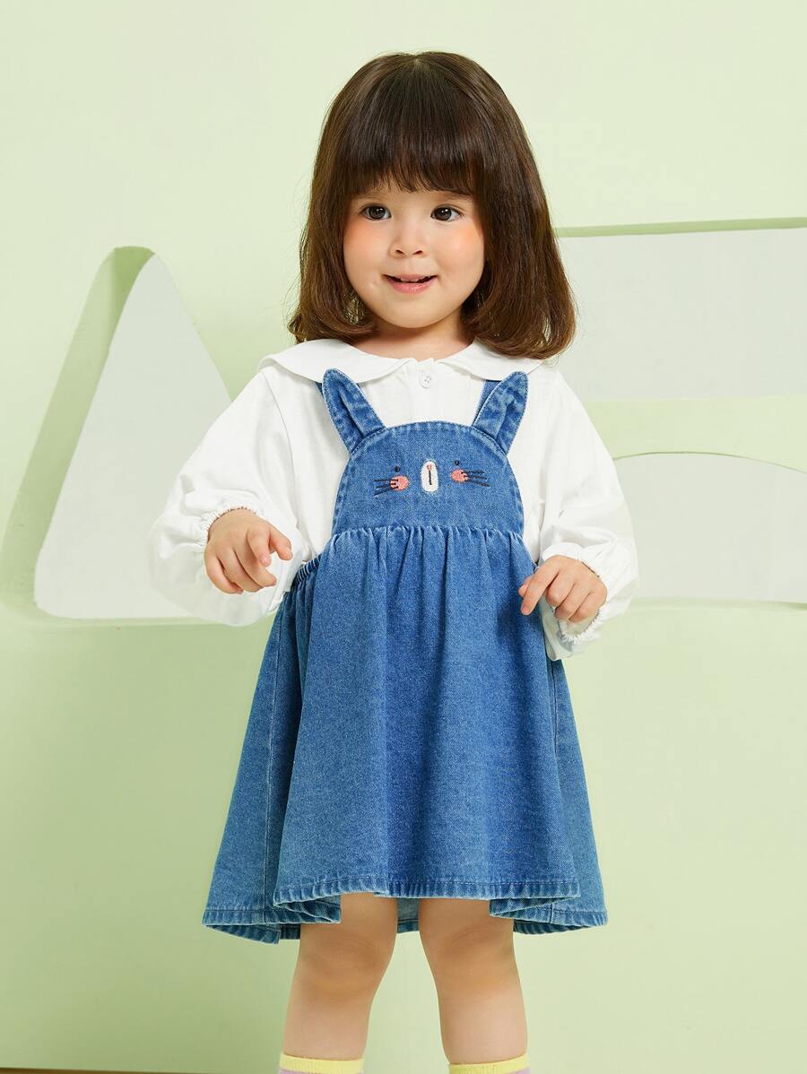 小女童水手領上衣和卡通刺繡牛仔背帶裙 - 藍白色 - 查看 1