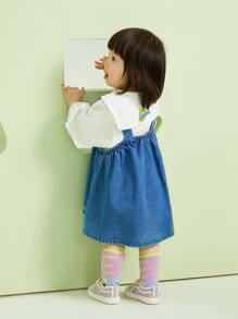 小女童水手領上衣和卡通刺繡牛仔背帶裙 - 藍白色 - 查看 2