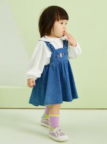 小女童水手領上衣和卡通刺繡牛仔背帶裙 - 藍白色 - 查看 3