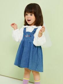 小女童水手領上衣和卡通刺繡牛仔背帶裙 - 藍白色 - 查看 4