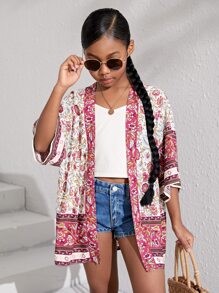 SHEIN Girls Open Front Floral Print Kimono - Multicolor - View 1