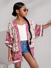 SHEIN Girls Open Front Floral Print Kimono - Multicolor - View 5
