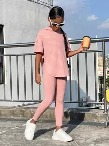 SHEIN Leap Crew Tween Girl Drop Shoulder Split Hem Hooded Tee & Leggings - Coral Pink - View 2