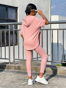 SHEIN Leap Crew Tween Girl Drop Shoulder Split Hem Hooded Tee & Leggings - Coral Pink - View 7